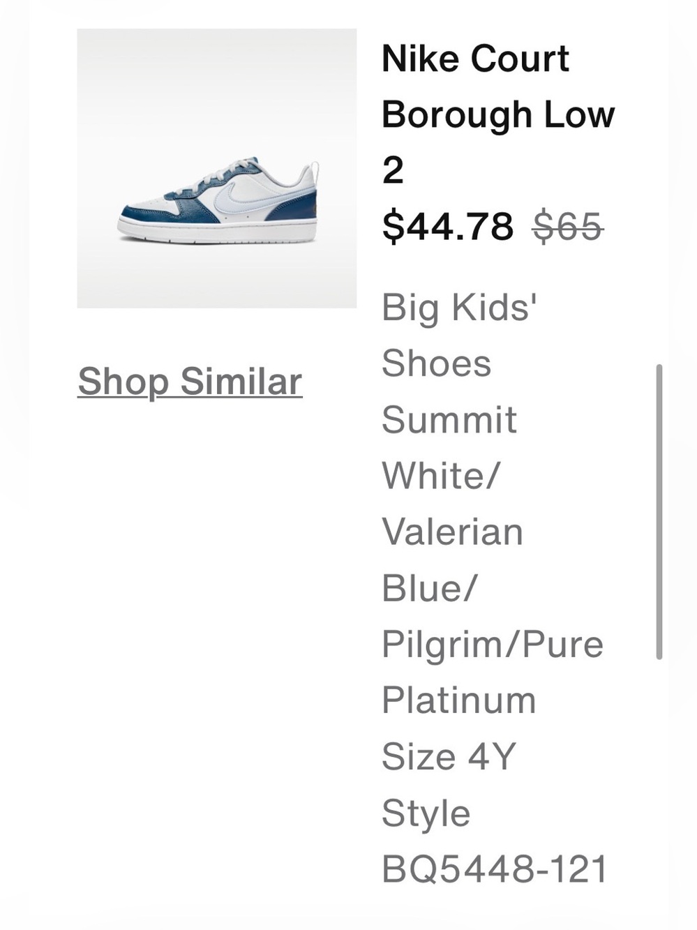 Nike Kids Court Borough Low-Top Sneakers in White and Valerian Blue